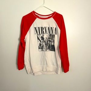 Nirvana long sleeved might sweatshirt. Cream with red sleeves. Size Medium.